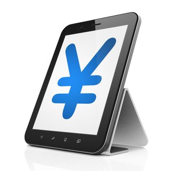 Currency concept: black tablet pc computer with Yen icon on display. Modern portable touch pad on White background, 3d render