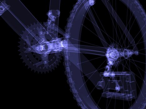 Bicycle. Wheel. X-ray render on black background