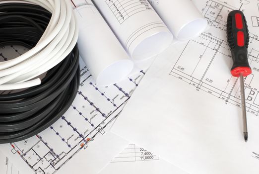 Electrical cable on the construction drawings. Repair and construction of electric systems