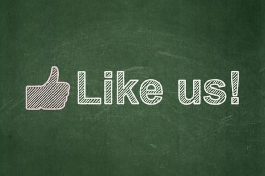 Social network concept: Thumb Up icon and text Like us! on Green chalkboard background, 3d render