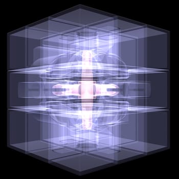 Several cubes connected by one core. X-ray render isolated on black background