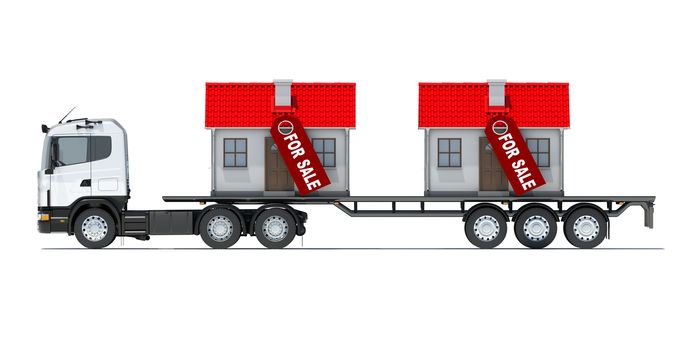 Truck carries two houses. Isolated render on a white background