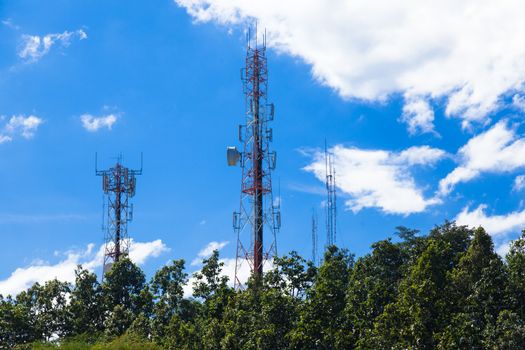 Many telecommunication mast antenna stations. Built on top of a high mountain.