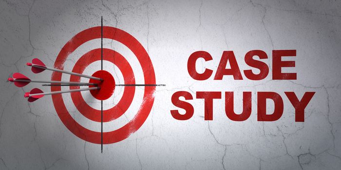 Success Education concept: arrows hitting the center of target, Red Case Study on wall background, 3d render