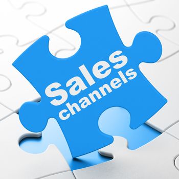 Marketing concept: Sales Channels on Blue puzzle pieces background, 3d render