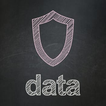 Data concept: Contoured Shield icon and text Data on Black chalkboard background, 3d render