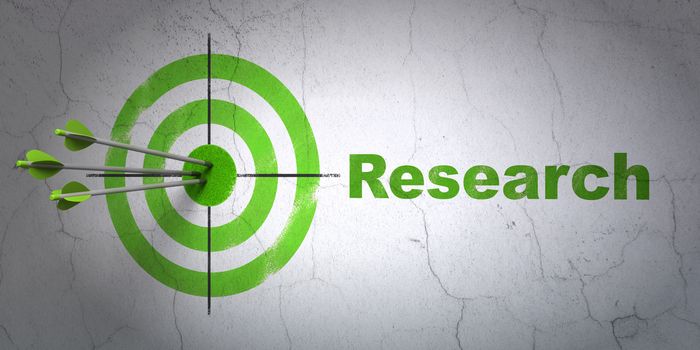 Success advertising concept: arrows hitting the center of target, Green Research on wall background, 3d render