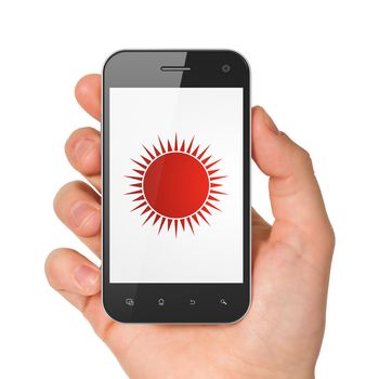 Vacation concept: hand holding smartphone with Sun on display. Mobile smart phone on White background, 3d render