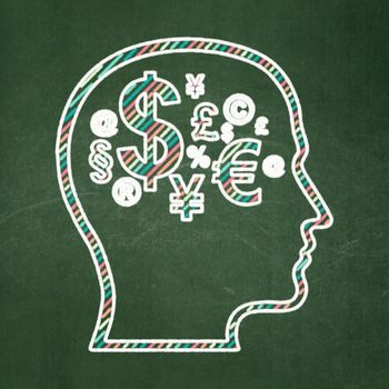Advertising concept: Head With Finance Symbol icon on Green chalkboard background, 3d render