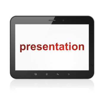 Marketing concept: black tablet pc computer with text Presentation on display. Modern portable touch pad on White background, 3d render