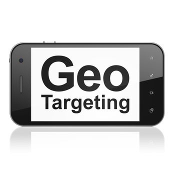 Finance concept: smartphone with text Geo Targeting on display. Mobile smart phone on White background, cell phone 3d render