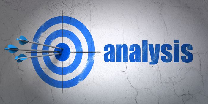 Success advertising concept: arrows hitting the center of target, Blue Analysis on wall background, 3d render