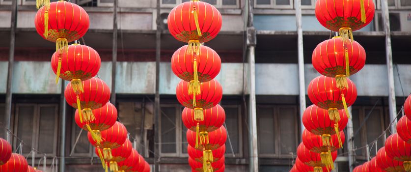 Chinese New Year lantern decorations are colorful and hung suspended by a lot.