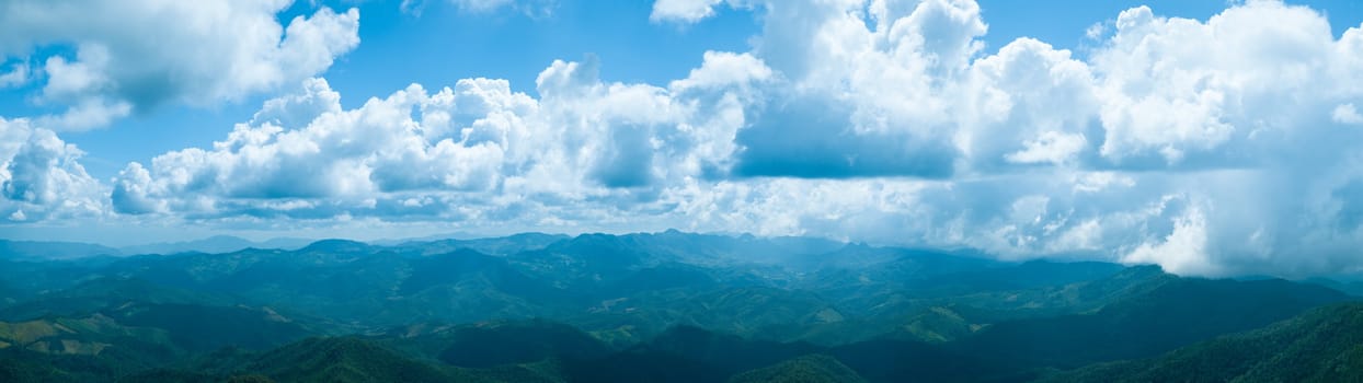 panorama mountain, forest and sky.mountain landscape and forest cover. Mostly cloudy with a group of bright days.