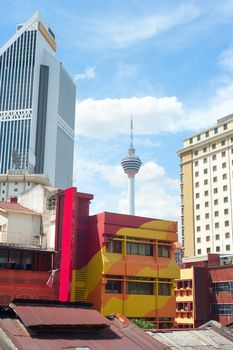 Chinatown  architecture and KL Tower in Kuala Lumpur, Malaysia