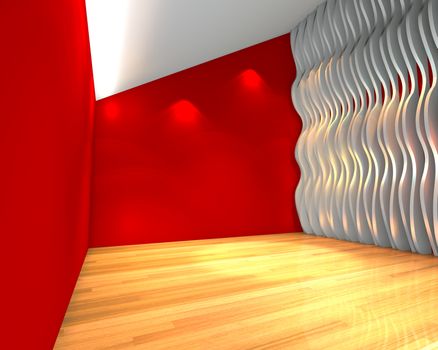 Abstract red empty room with wave wall and decorated with wooden floors.