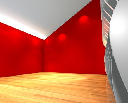 Abstract red empty room with wave wall and decorated with wooden floors.