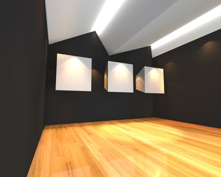 Empty room interior with white canvas on black wall in the gallery.