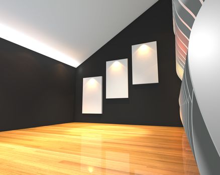 Empty room interior with white canvas on black wave wall in the gallery.