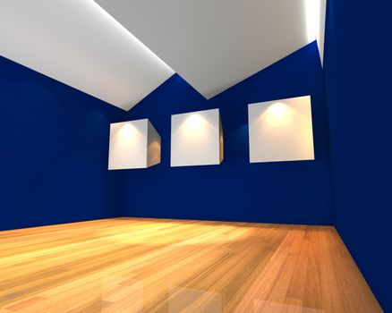 Empty room interior with white canvas on blue wall in the gallery.