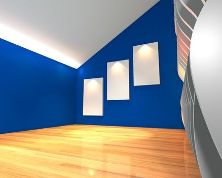 Empty room interior with white canvas on blue wave wall in the gallery.