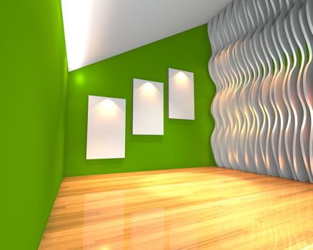 Empty room interior with white canvas on green wave wall in the gallery.