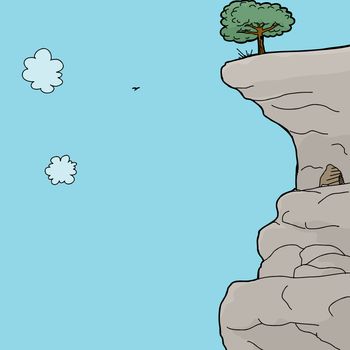 Cartoon of cave and tree on rock ledge