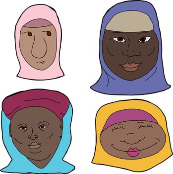 Cartoons of various African Muslim women on white background