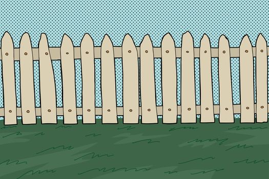 Wooden fence and grass over comic blue background