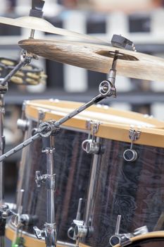 Drum Kit Set with Drums and Cymbals for Live Concert Performance Closeup