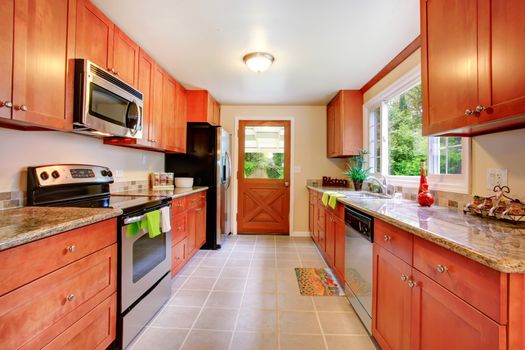 Kitchen room with door to backryard. View of cabinets and steel appliances