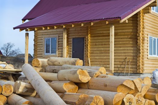 Wooden house and a bunch of logs in the foreground