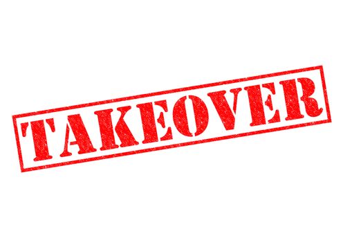 TAKEOVER red Rubber Stamp over a white background.