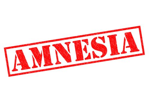 AMNESIA red Rubber Stamp over a white background.