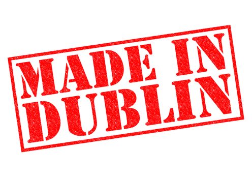 MADE IN DUBLIN red Rubber Stamp over a white background.