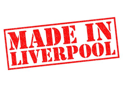 MADE IN LIVERPOOL red Rubber Stamp over a white background.