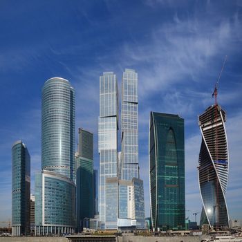 view on new Moscow City buildings under sky
