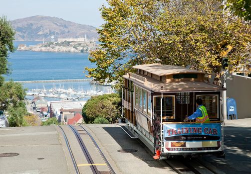 SAN FRANCISCO - NOVEMBER 2nd: The Cable car tram, November 2nd, 2012 in San Francisco, USA. The San Francisco cable car system is world last permanently manually operated cable car system. Lines were established between 1873 and 1890.