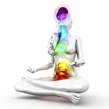 A woman performing a full chakra meditation. 3D rendered illustration. 