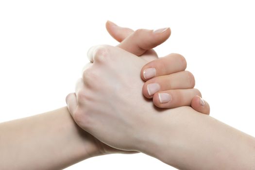 Image of female hands holding each other, isolated on white background