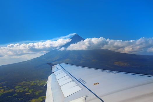 The active Mt Mayon seen from an airplane