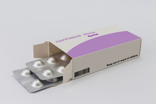 Open medicine packet labelled happiness opened at one end to display a blister pack of tablets, illustration on white 