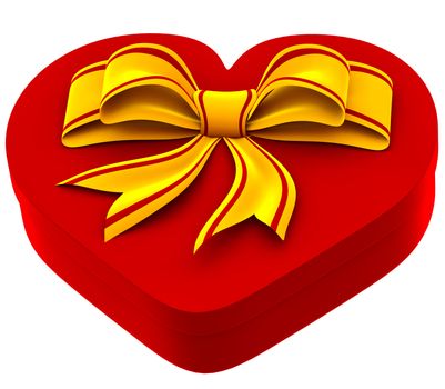 heart shaped box with golden bow for gift on white background