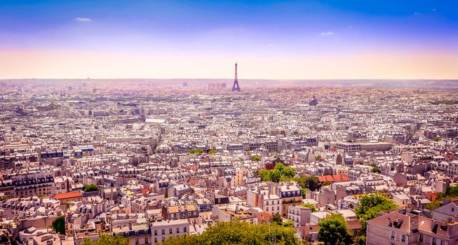 Panoramic view of Paris from Sacre Coeur at Montmartre in dreamy postcard style, Paris, France