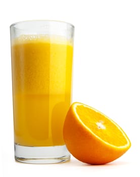 Orange juice and slices isolated on white