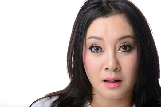 Close-up portrait of a asian woman scared and afraid with wide opened eyes isolated on a white background