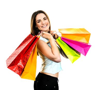 portrait young adult girl with colored bags