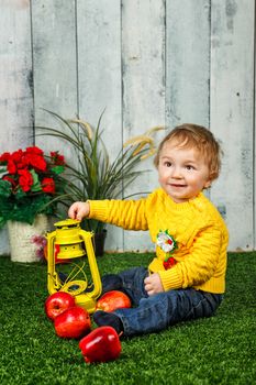 Little boy sits on a lawn in the backyard and at his feet lay ripe apples