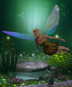 A winged fairy flies over a magical forest pond on iridescent wings.