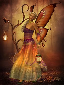 A fairy named Lilith carries a lantern making her way through the magical forest.